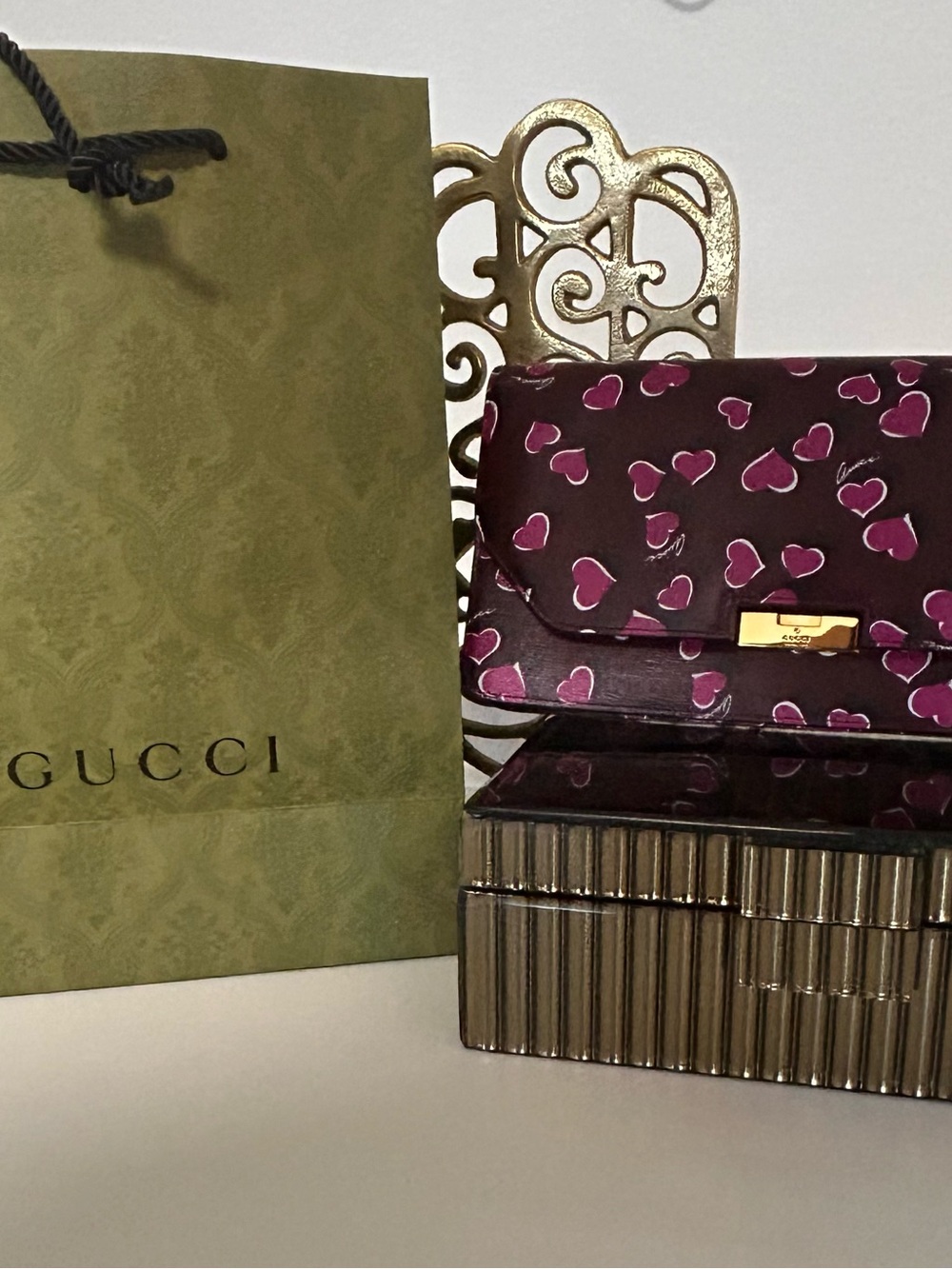 Gucci Plum Heart-Print Leather Clutch with Gold-Tone Hardware